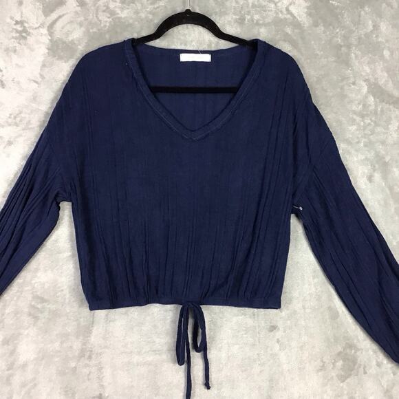 White Willow Women’s Navy Ribbed Long Sleeve Cropped Top Drawstring Hem Sz M - Picture 10 of 13